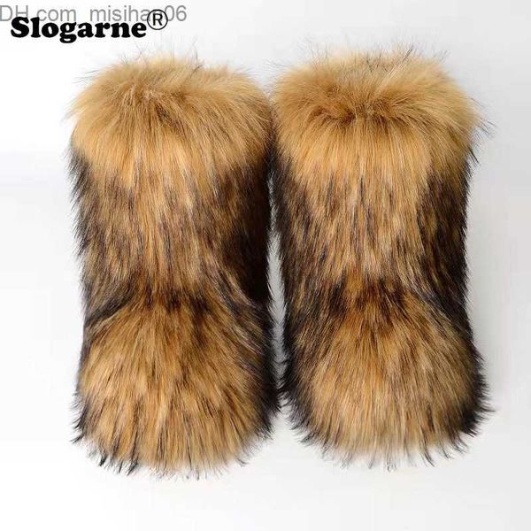 

slippers 2023 winter fluffy artificial fur boots women's fur snow boots luxury plush footwear girl fox fur shoes 3cm platform large siz, Black