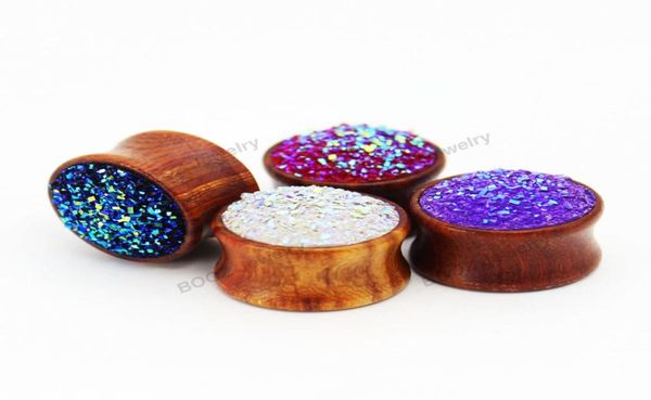 

kubooz wood red sandalwood solid inlaid crystal teeth tunnels ear piercing plug body earring jewelry gauges expander stretcher who5201451, Silver