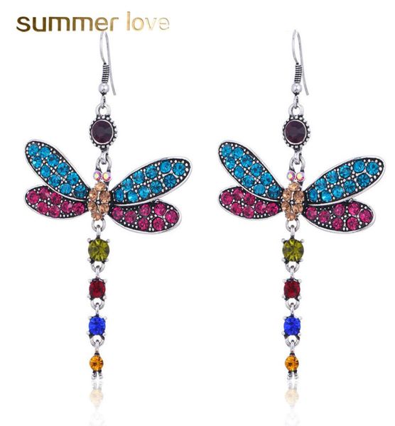 

colorful crystal dragonfly tassel vintage drop dangle stud earring for women silver plating earrings trendy party wedding jewelry1175999, Golden;silver
