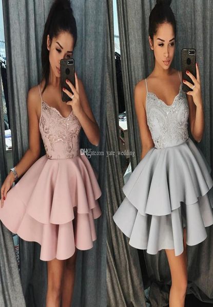 

short homecoming dresses v neck spaghetti straps lace satin cocktail party dresses tiered sliver blush short prom dresses zip5561237, Blue;pink