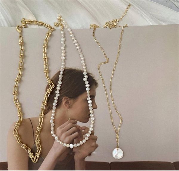 

french vintage irregular necklaces freshwater pearl gold plated chunky link chain layered for women ladies pearl necklace 489 b36382931, Silver