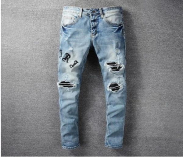

embroidery letter biker jean streetwear slim skinny stretch denim motorcycle pant 2021 hole stitching zipper leather patchwork2298007, Blue