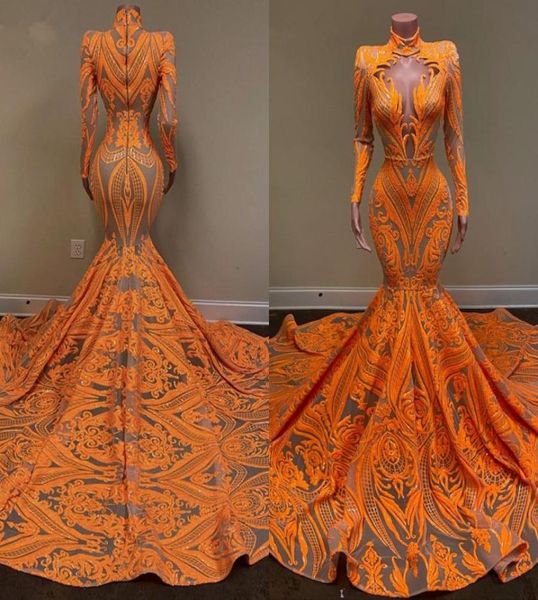 

long sleeve high neck arabic prom dresses 2022 mermaid style orange sequin applique african blacl girls evening gala gowns4259958, Black