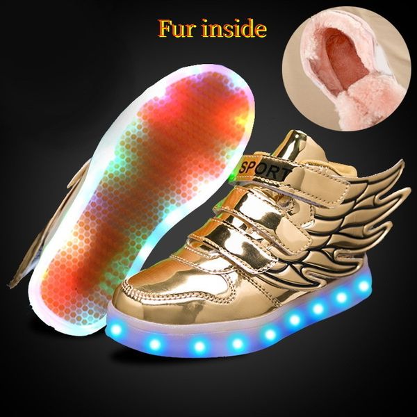 

boots unclejerry children glowing shoes with wings for boys and girls led sneakers with fur inside child winter shoes christmas gift 230712, Black