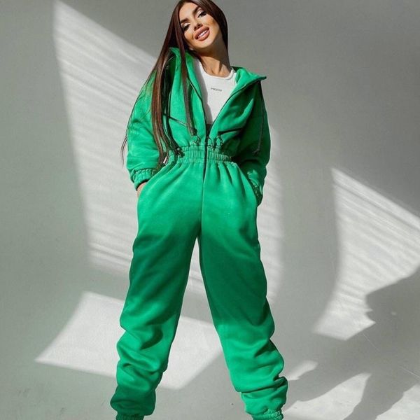 

casual women basic hoodie two piece sets zipper drawstring jacket outerwear and elastic pencil pant suit autumn winter tracksuit, White