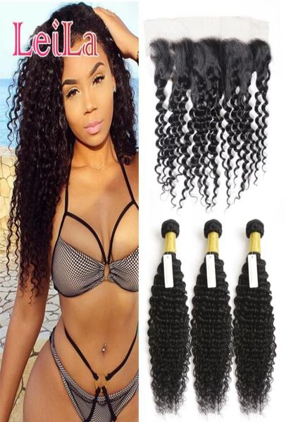 

brazilian human hair extensions 3 bundles with 13 x 4 lace frontal dyeable hair weaves frontal deep wave curly 6328303, Black;brown