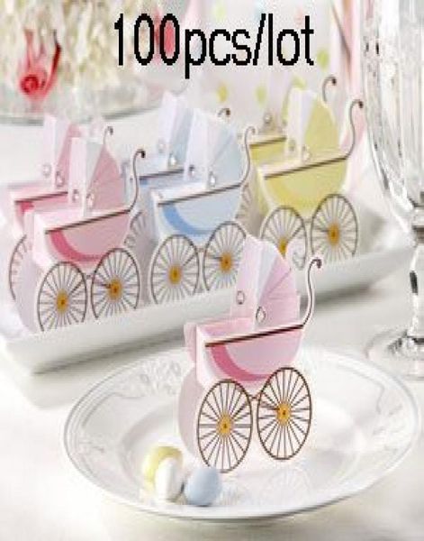 

100 pieceslot classic pram favor box in pink and blue color for baby shower favor box and baby birthday gift box6577146