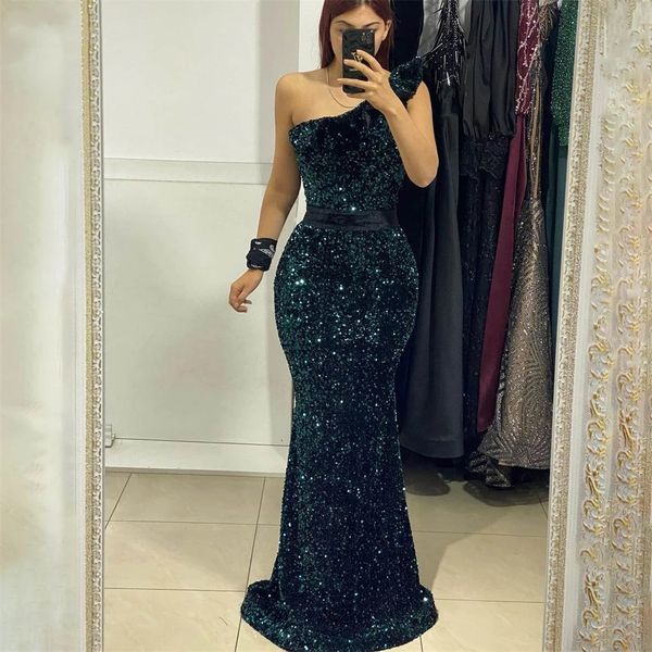 

glitter green sequined mermaid evening dresses 2023 one shoulder prom dress arabia dubai shiny party gowns, Black