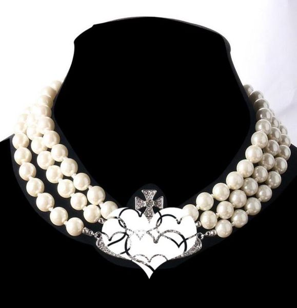 

new products european and american heavy industry catwalk models fashion threelayer pearl clavicle chain full diamond saturn 7483812, Golden;silver