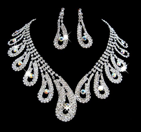

fashion rhinestones bridal jewelry sets silver crystals wedding necklaces and earrings for bride prom evening party accessories1734300, White