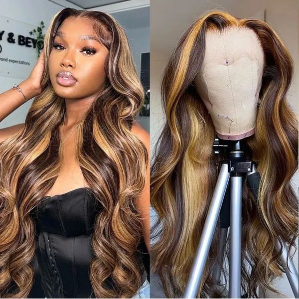 

hd body wave highlight lace front human hair wigs for women lace frontal wig pre plucked honey blonde colored synthetic wigs, Black;brown