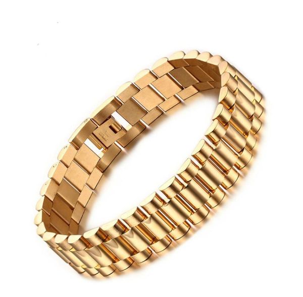 

15mm luxury men watch band bracelet gold plated stainless steel strap links cuff bangles jewelry gift 22cm2477149, Black