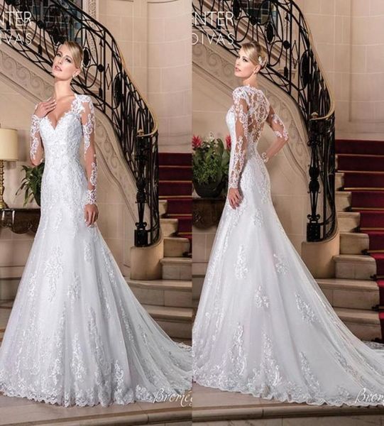

elegant full lace a line wedding dresses vestidos de noiva v neck sheer long sleeves tulle applique wedding bridal gowns ba77813503505, White