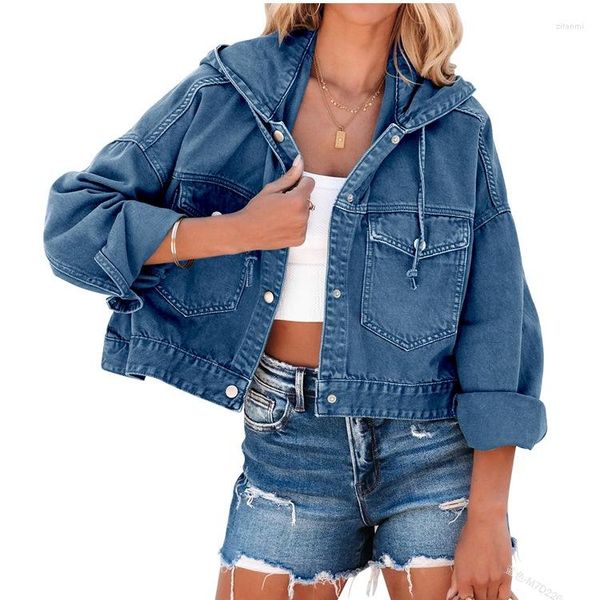 

women's jackets 2023 autumn winter clothing fashion hooded drawstring pocket loose denim, Black;brown