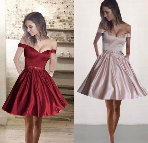 

2018 simple satin short homecoming dresses off shoulder crystal beaded backless dark red champagne navy blue prom dresses party dr5563912, Blue;pink