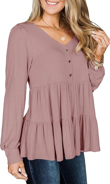 

womens long sleeve tunic babydoll knit peplum ruffle hem blouse loose shirt flowy swing shift, White