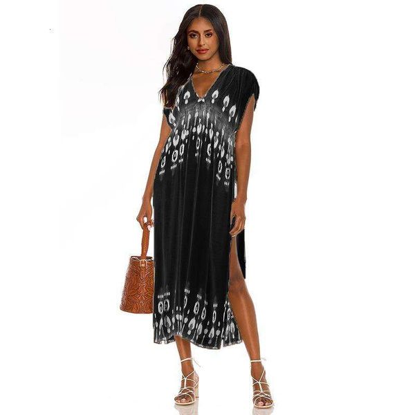

womens v neck printed dress dopamine fashion short sleeve split maxi, Black;gray