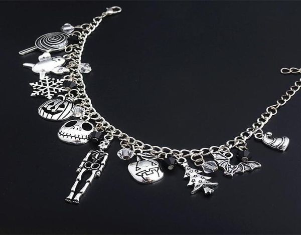 

link chain the nightmare before christmas bracelet jack skellington snowflakes pumpkin skull charms bangle bracelets halloween je1164225, Golden;silver