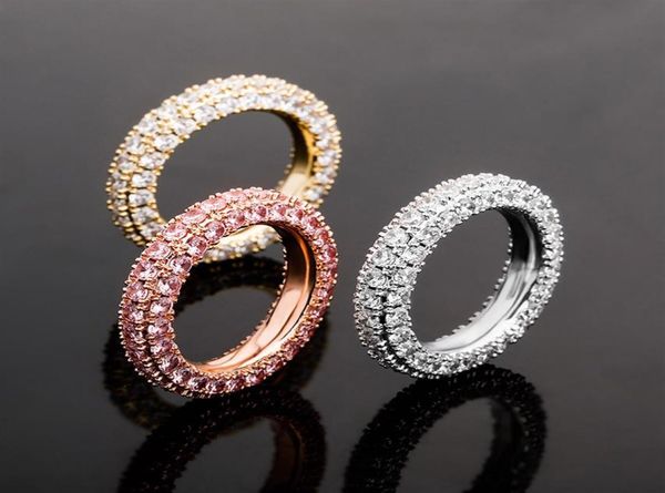 

luxury 3 rows bling zircon rings men women hip hop rings jewelry fashion 18k gold rhodium plated couple rings322q6744180, Silver