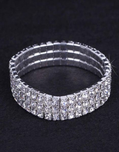 

12 pieces lot 3 row bridal wedding jewelry elastic crystal rhinestone stretch gold bangle bracelet whole wedding accessories f6027815, Golden;silver