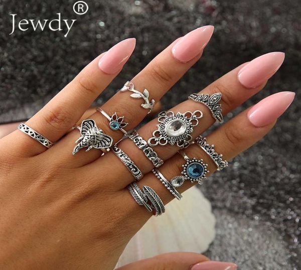 

12 pcsset vintage blue white crystal rings flower elephant opal stone finger midi ring set for women bohemian party jewelry3292693, Silver