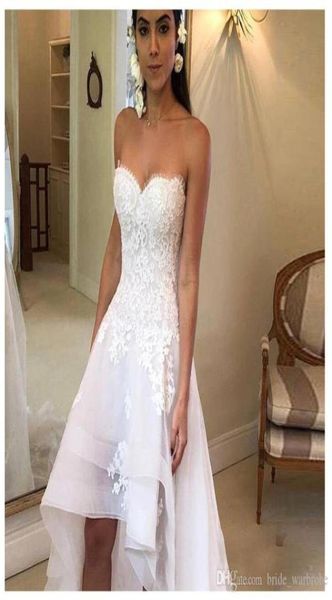 

charming sweetheart lace up back ruched front short long back wedding gowns robe de mariee 2020 white lace appliques hi low weddin9051894
