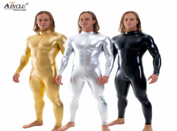 

ainclu mens black shiny catsuit stretch front zipper zentai jumpsuit muscle leotards mens stage performance costumes bodysuits9338751