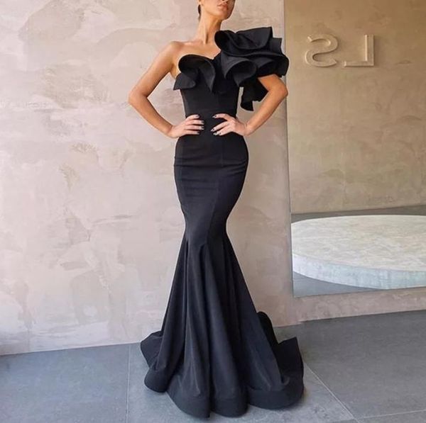 

satin oneshoulder mermaid evening dress ruffles short sleeve backless long prom gown for women formal simple ve7750426, Black