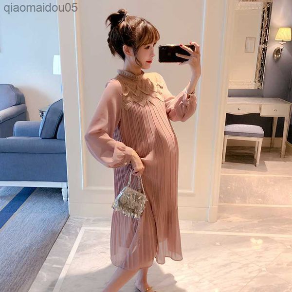 

9310# autumn korean fashion pleated chiffon maternity long dress loose straight clothes for pregnant women pregnancy clothing l230712, White