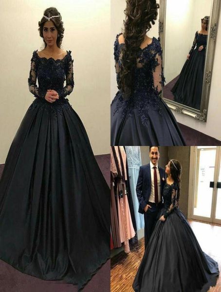 

vintage ball gown prom dresses beaded appliqued quinceanera dress dark navy off shoulder long sleeve formal evening gowns3342232, Black