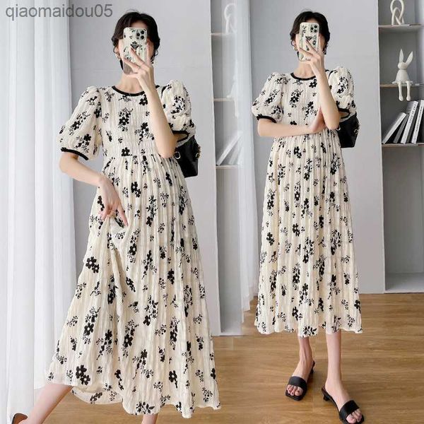 

maternity chiffon dresses 2022 new summer clothes for pregnant women elegant print o-neck short sleeve loose pregnancy vestidos l230712, White
