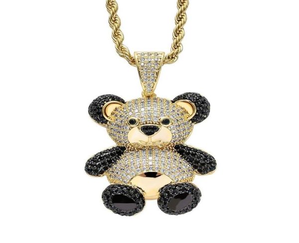 

bling iced out teddy bear pendant pave full cubic zircon fashion hip hop jewelry panda necklace for women men gift x05099460572, Black