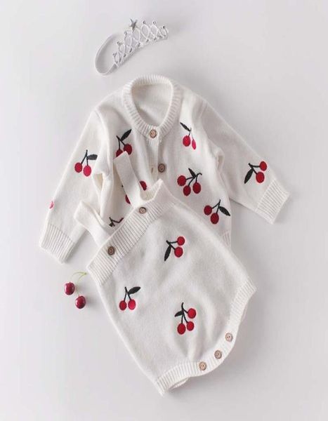 

clothing sets baby girls clothes autumn cherry knitted romper set infant born girl cardigan sweater cotton jumpsuit for3264354, White