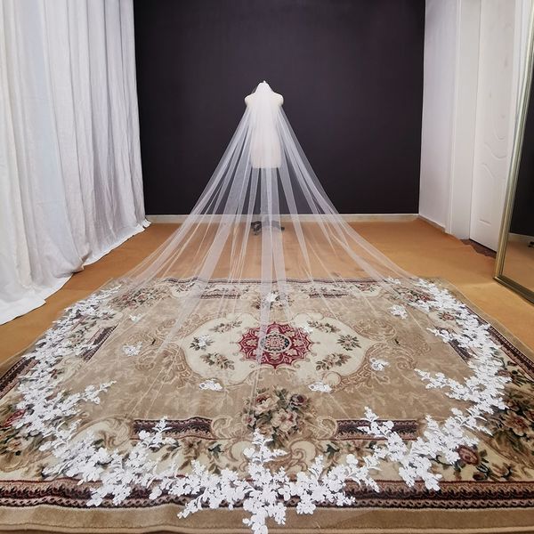 

wedding hair jewelry real pos long lace appliques wedding veil white ivory cathedral 1 layer bridal veil 3.5 meters bride veil wedding acces, Slivery;golden