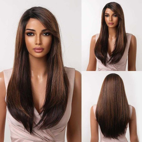 

synthetic wigs easihair lace front synthetic wigs brown long straight frontal wig for women high density heat resistant cosplay 230227, Black