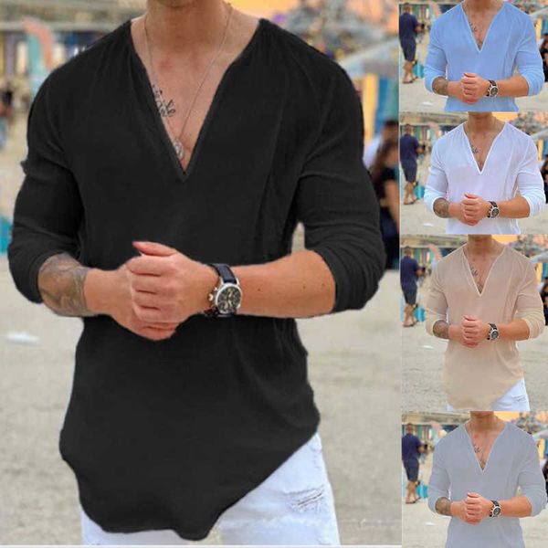 

new men's shirt v-neck casual solid color t-shirt 2023 men's cotton linen shirt long sleeves, White;black