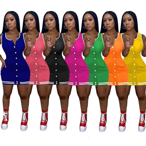 

summer one piece uniform round neck button striped vest dress, Black;gray