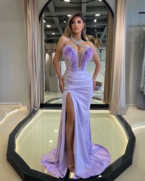 

stylish mermaid prom dresses sleeveless v neck appliques sequins beaded floor length 3d lace side slit purple evening dress satin feather pl, Black