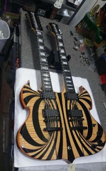 

new wylde audio barbarian double neck electric guitar 12 6 strings gloss yellow black behemoth sg black hardware1422651