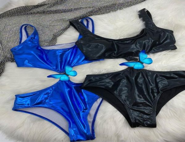 

new leather swimsuit bikini set women hardware pad swimwear black blue fast bathing suits pad tags7132042