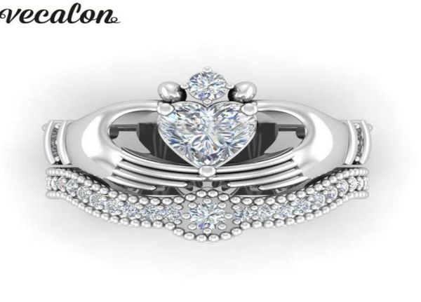 

wedding rings vecalon luxury lovers claddagh ring 1ct 5a zircon cz white gold filled engagement band set for women men9906909, Slivery;golden