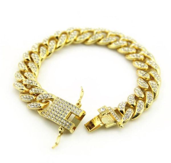 

new color 12mm prong cuban link chains bracelets fashion hiphop jewelry 3 row rhinestones iced out braclets for men9732037, Black