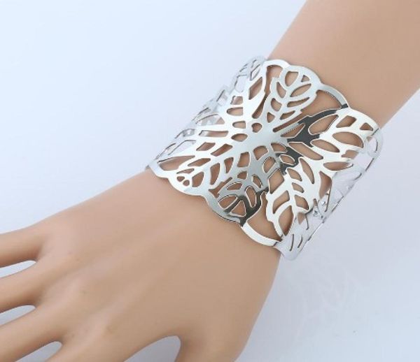 

flower pattern wide bangle bracelets open gold silver tone cut out wide cuff bracelets bangle for womens gifts jewelry1757790, Black