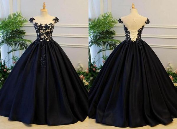 

2023 black satin quinceanera dresses long jewel sheer neck applique lace ruched sequin sweet 16 dresses for girls prom 4901770, Blue;red