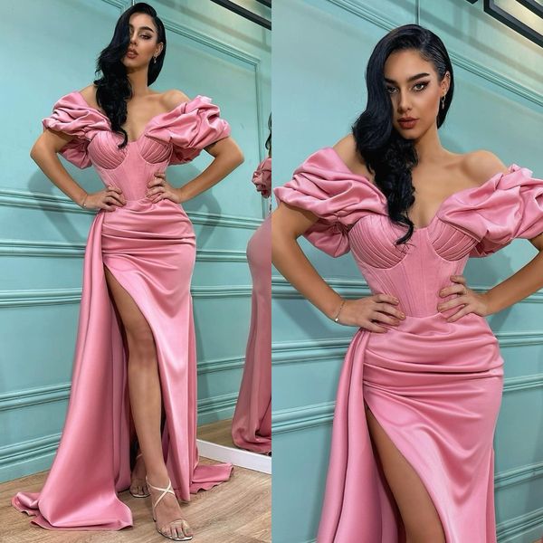 

fashion pink prom dresses ruffle off shoulder evening gowns pleats slit formal red carpet long special occasion party dress, Black