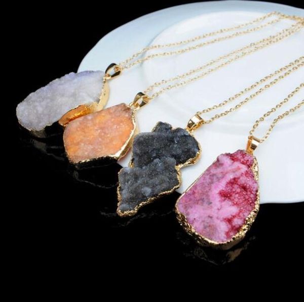 

druzy quartz natural stone irregular geode gold color raw nyx stone pendant necklace chain for women quartz necklace jewelry acces6535063, Silver