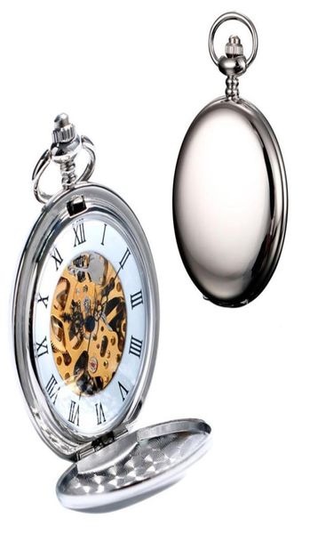 

2020 new arrival silver smooth double full hunter case steampunk skeleton dial mechanical pocket watch with chain for gifts t1352316, Slivery;golden