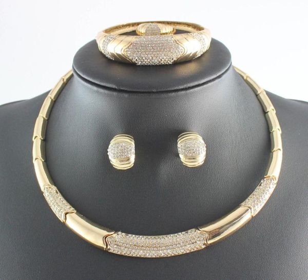 

fashion costume crystal necklace bracelet earrings ring dubai gold plated wedding african jewelry sets5824410, Black