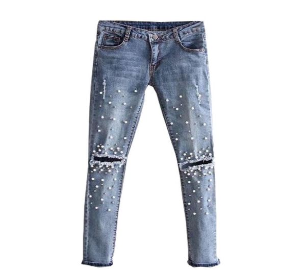 

2017 new fashion women girls hole bead jeans destroyed ripped pearled slim denim boyfriend jeans trousers5210094, Blue