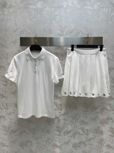 

womens designer clothing solid color girl two piece dress size s-l embroidered logo lapel short sleeved polo and pleated skirt july08, White